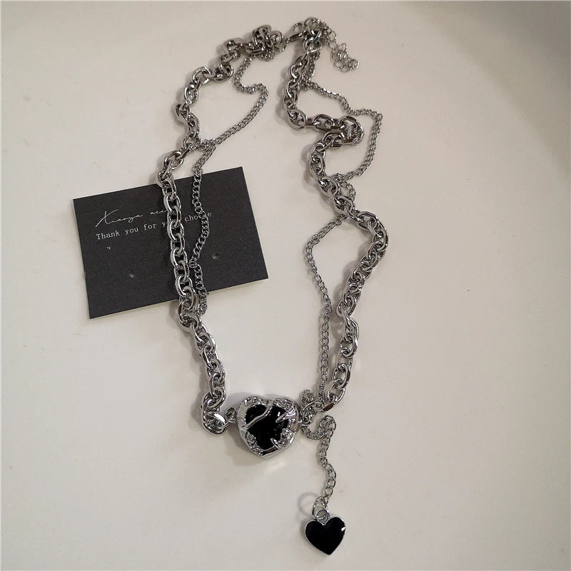 Hip Hop Black Heart Chain Necklace
